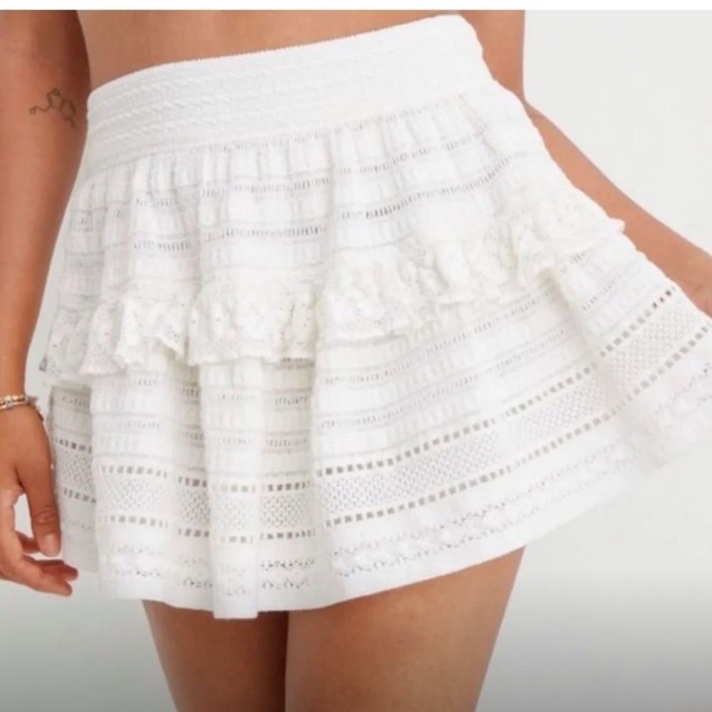 Aerie White Skater Mini Skirt with Ruffled Tiers